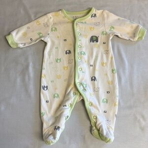 Petit Lem - Cream and Green Onesie with Elephant Motif